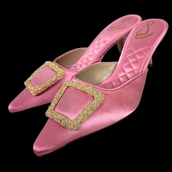 Sam Edelman Brit Satin Mule Pink Pointy Embellished Buckle Quilted Kitten Heel 8 - Picture 3 of 15